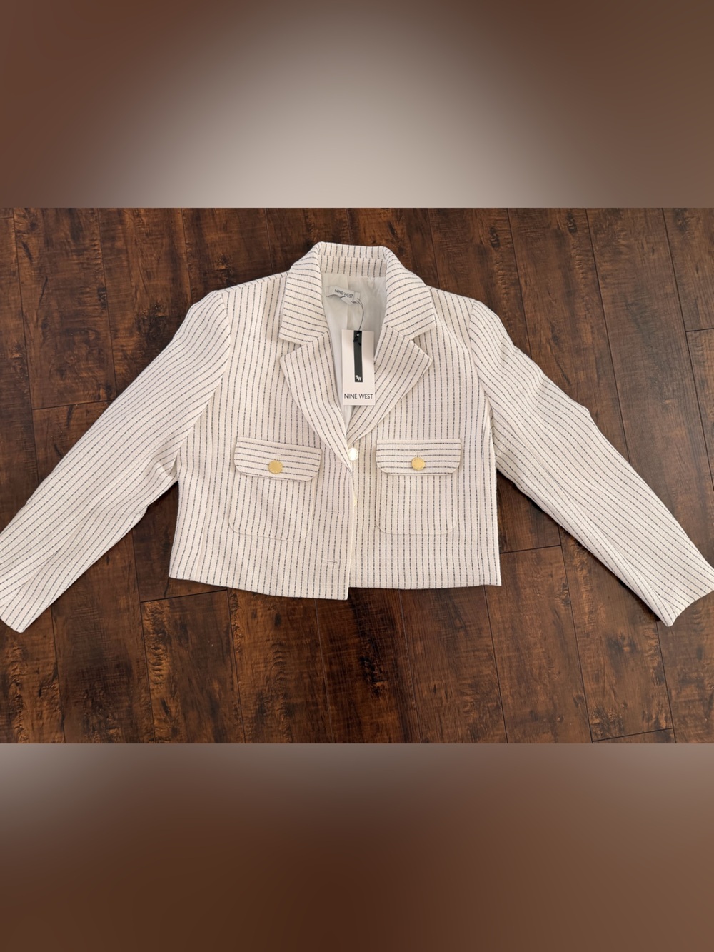 Nine West Cream Cropped Striped Tweed Blazer with Gold Buttons